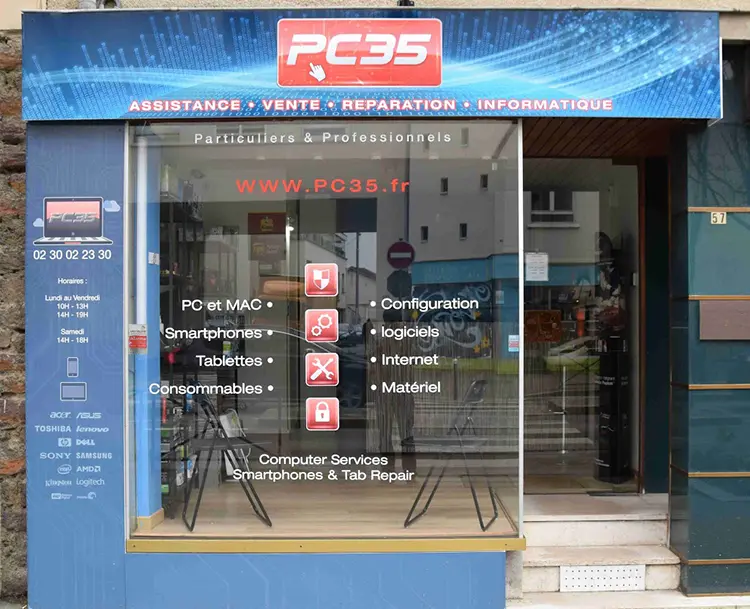 Façade de la boutique PC35 au 57 rue Saint-Hélier à Rennes